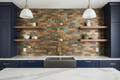 Modern kitchen with wooden backsplash, shelves, and blue cabinets.