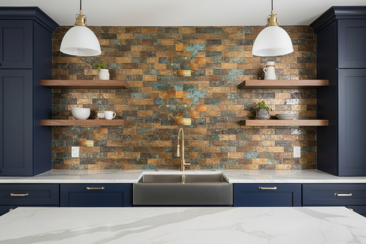 Modern kitchen with wooden backsplash, shelves, and blue cabinets.