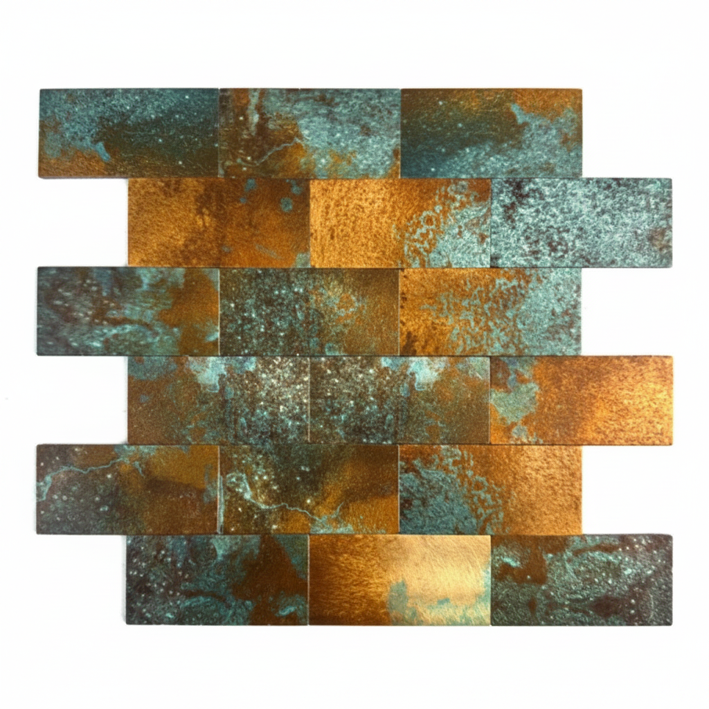 Decorative wall tile with a patchwork of copper and bronze colors on a white background