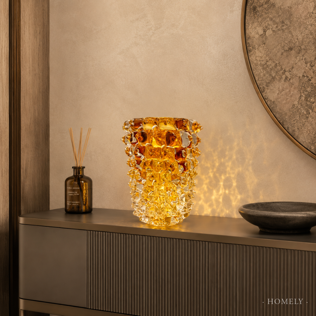 Decorative glass vase on a shelf with a diffused light effect