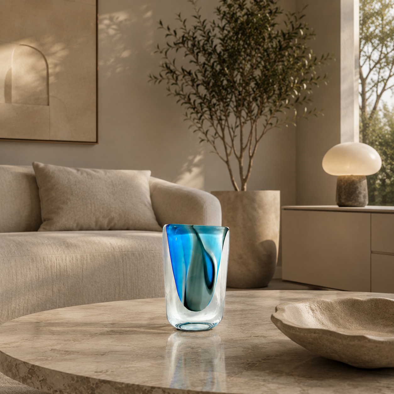 Modern living room with a blue glass vase on a wooden table, beige sofa, and decorative plant.