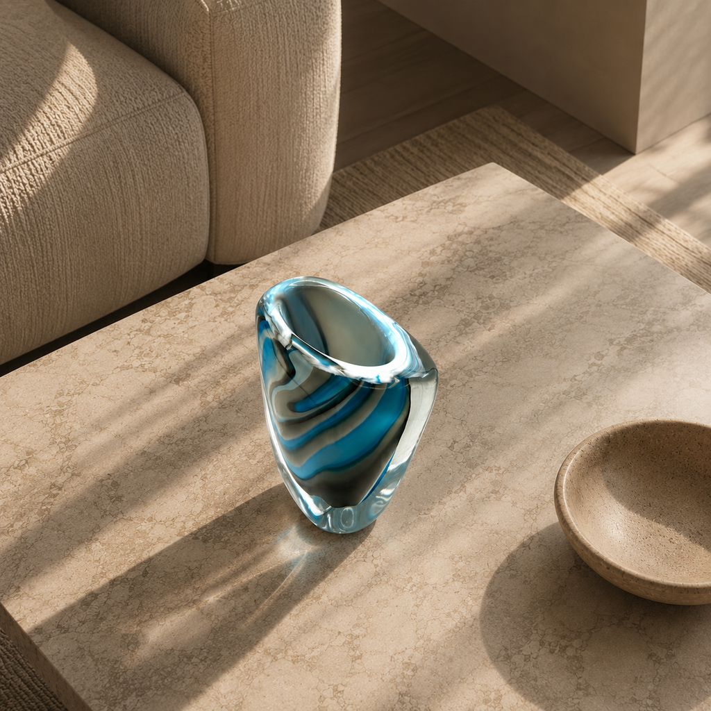 Blue glass vase on a stone surface with a beige sofa in the background