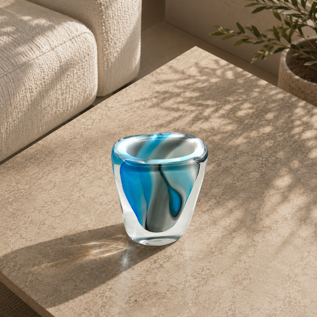 Blue and clear glass vase on a textured surface with a neutral background