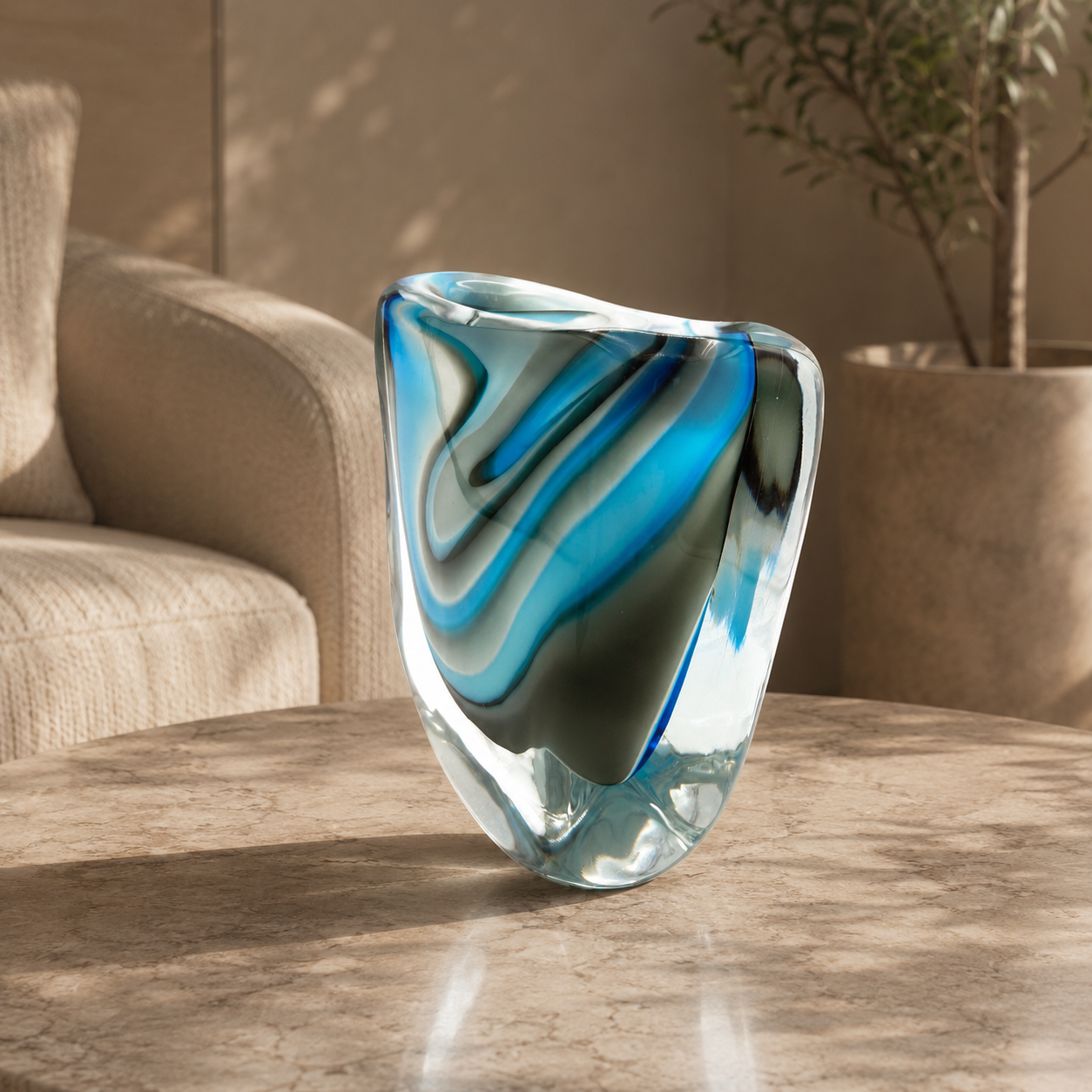 Glass vase with blue and green swirls on a wooden table