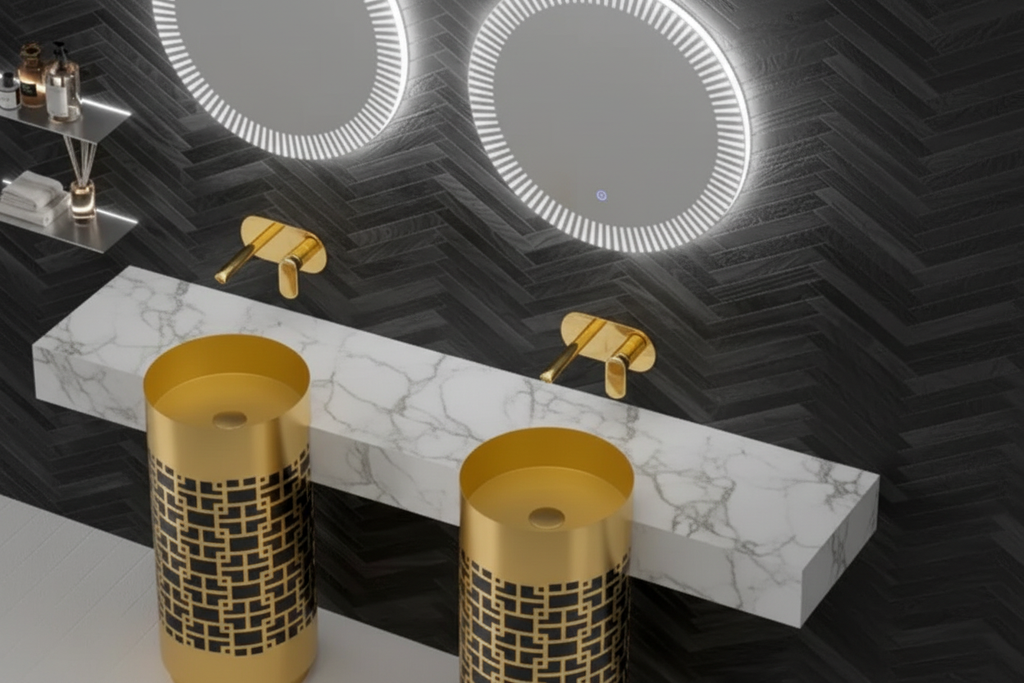 Bathroom vanity with gold fixtures and circular mirrors on a black chevron-patterned wall.