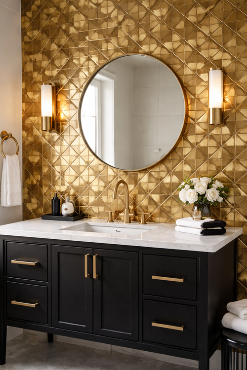 Bathroom vanity with gold geometric tile wall and round mirror