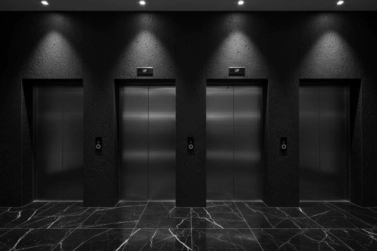 Four black elevators in a dark hallway with marble floor