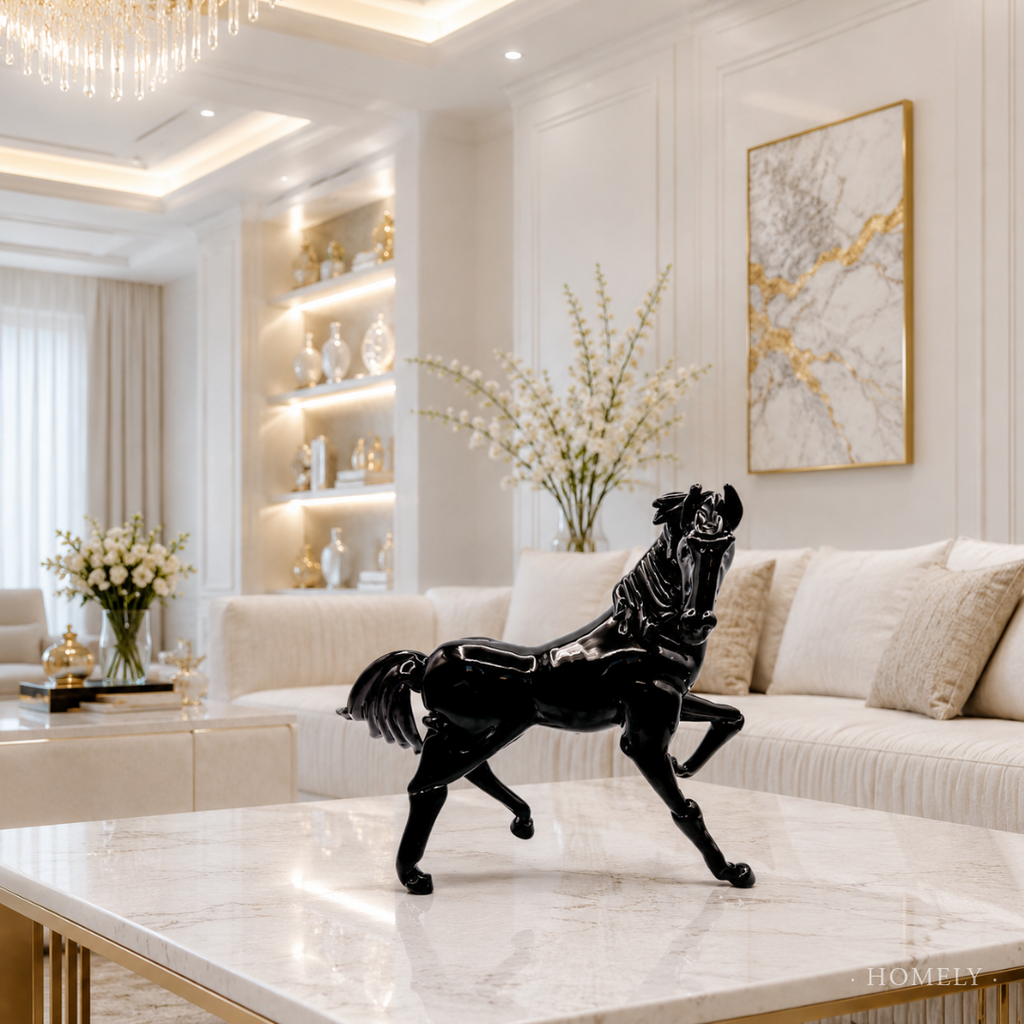 Black horse sculpture on a marble table in a luxurious living room.