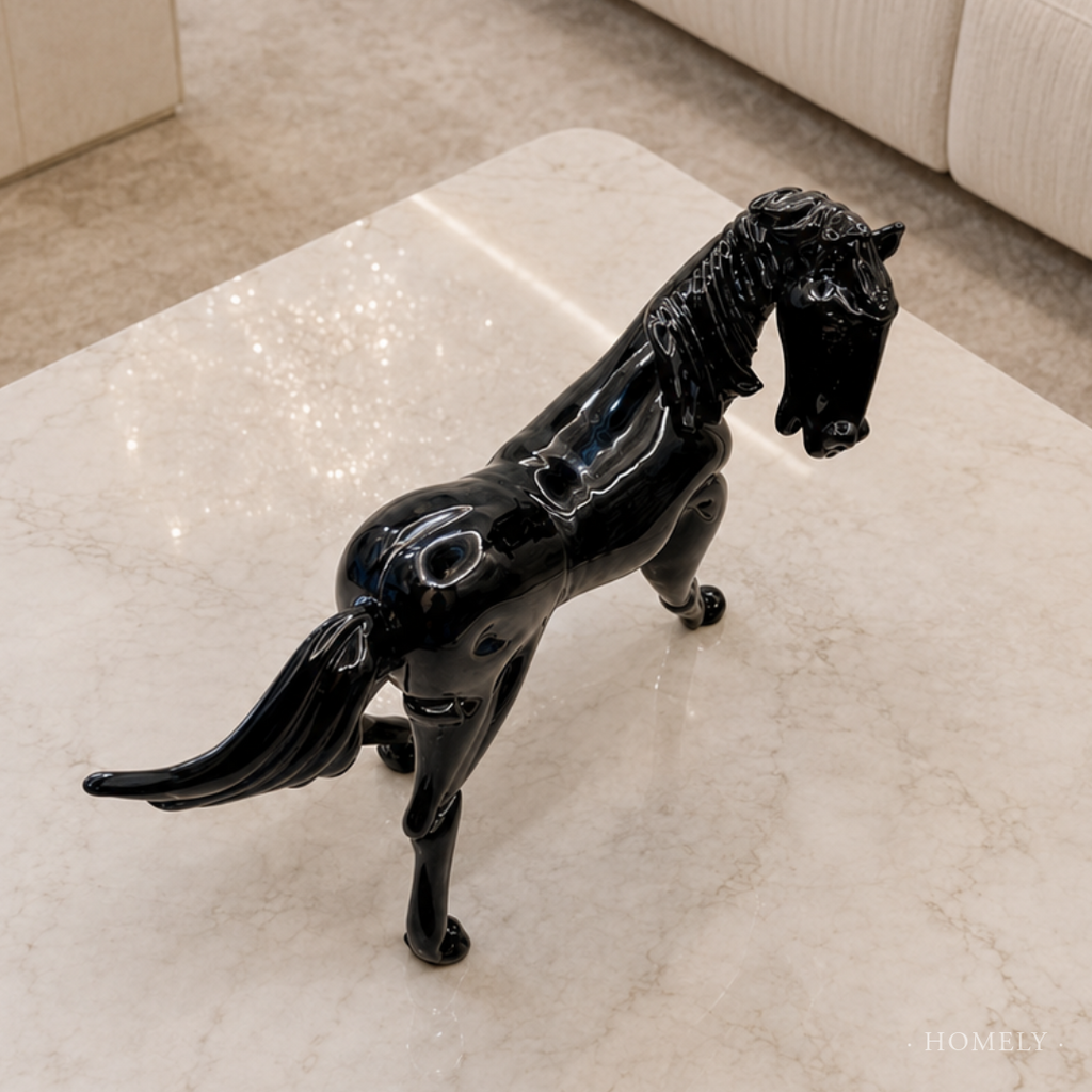 Black ceramic horse figurine on a marble surface