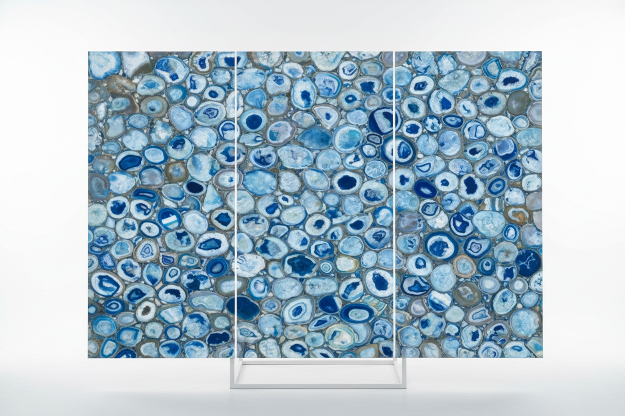 Room divider with blue and gray agate pattern on a white background