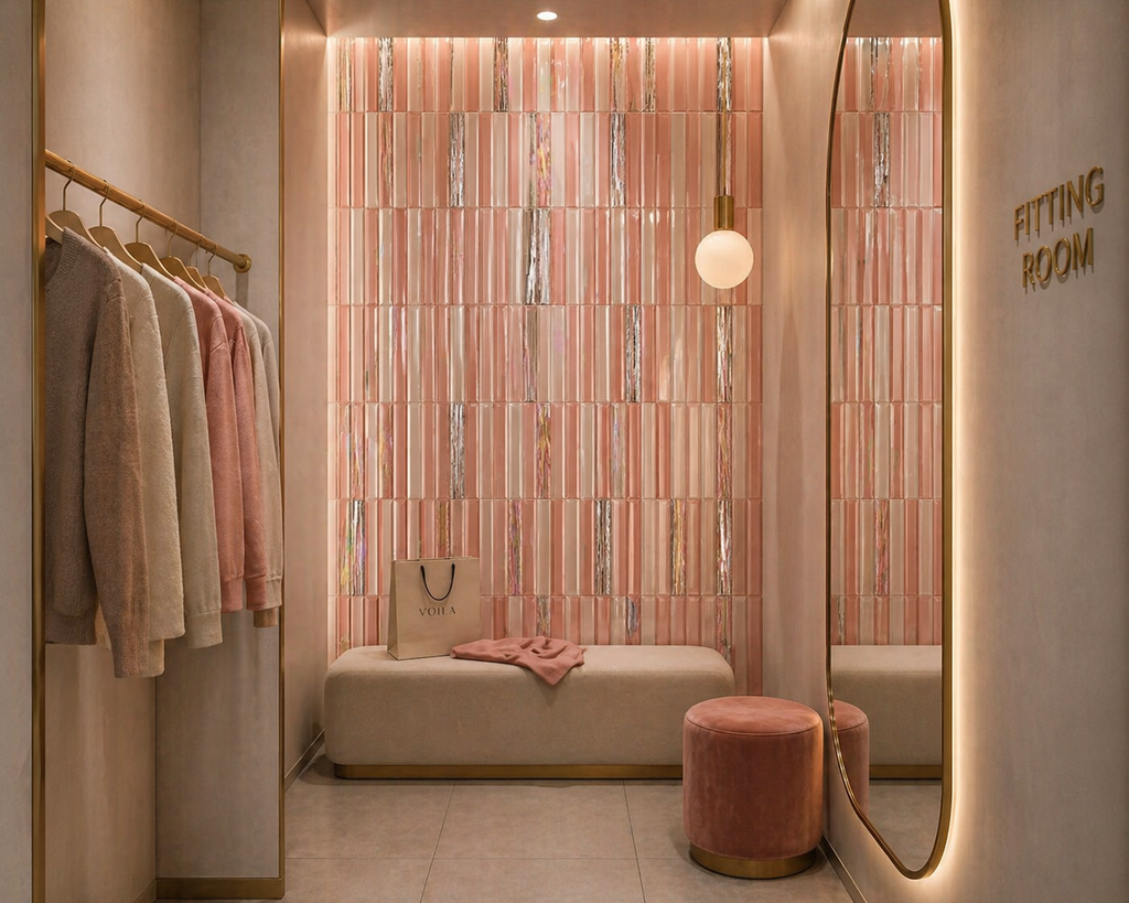 Fitting room with pink and gold decor, including a mirror, bench, and clothes rack.