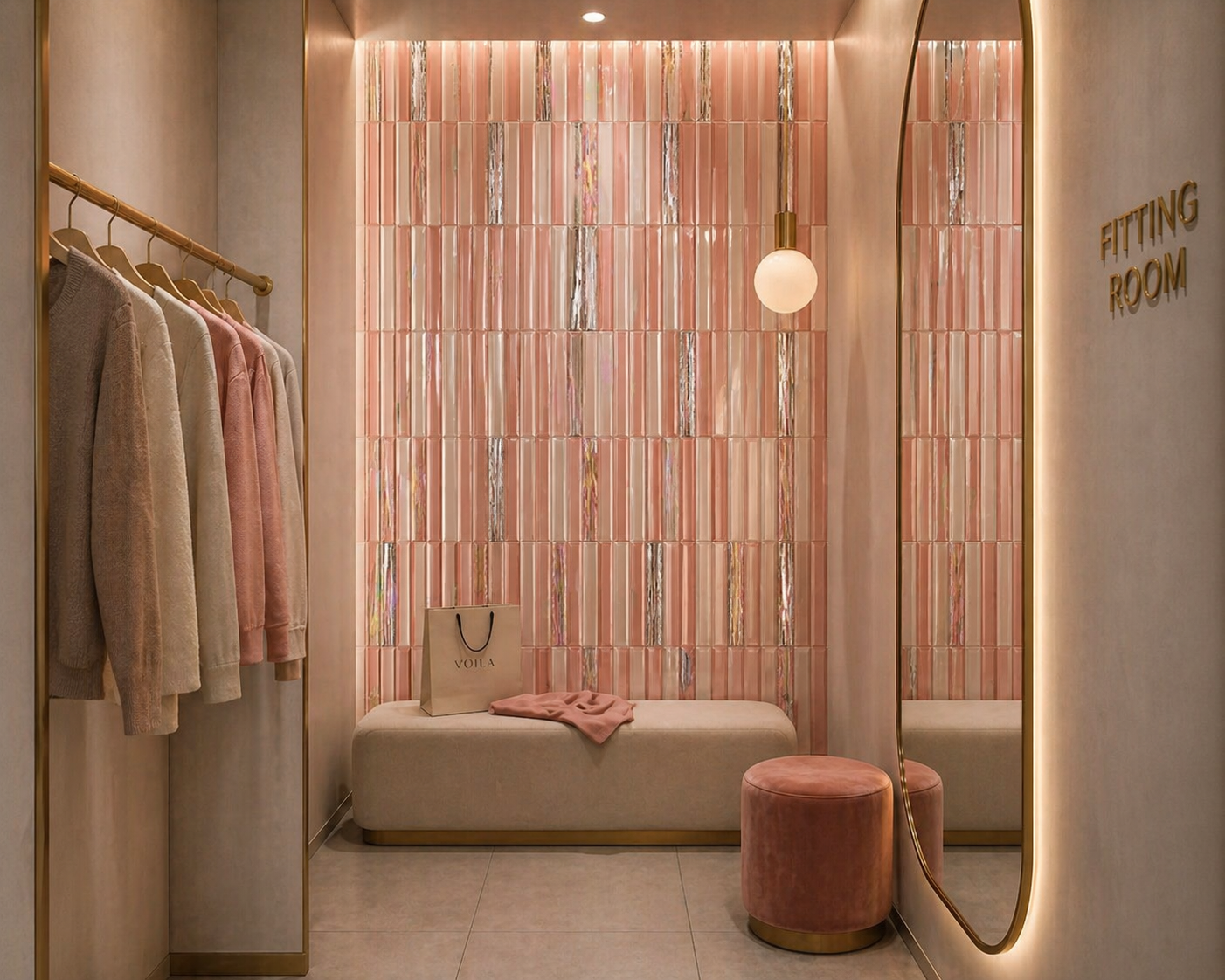 Fitting room with pink and gold decor, including a mirror, bench, and clothes rack.