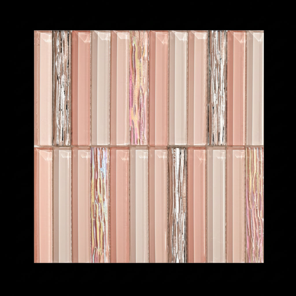 Glass mosaic tile with pink and silver stripes on a white background