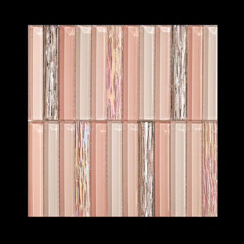 Glass mosaic tile with pink and silver stripes on a white background