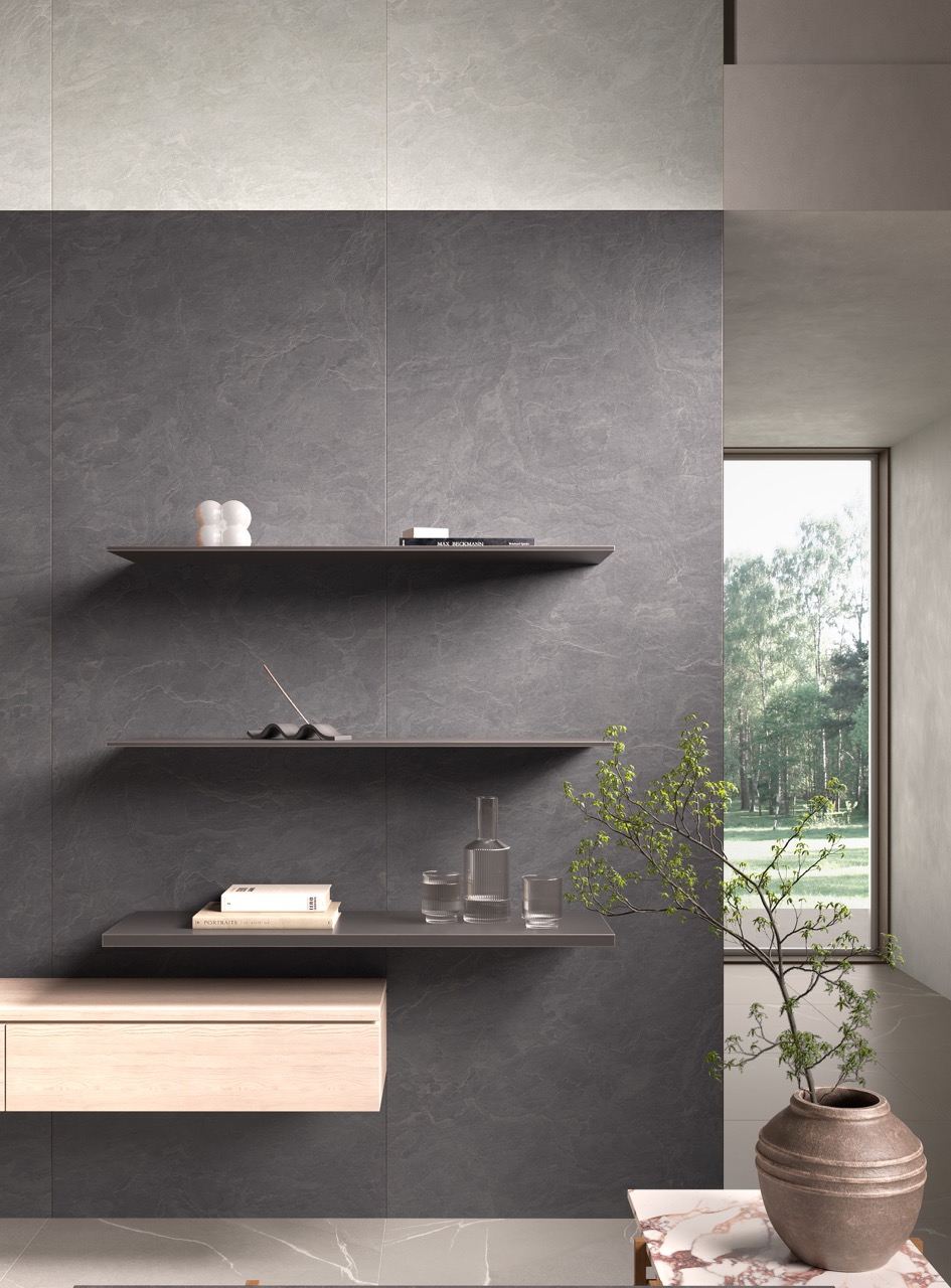 Modern interior with dark gray wall, shelves, and a window view.
