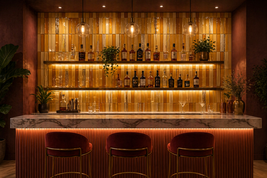 Modern bar with wooden shelves, bottles, and a counter with chairs.