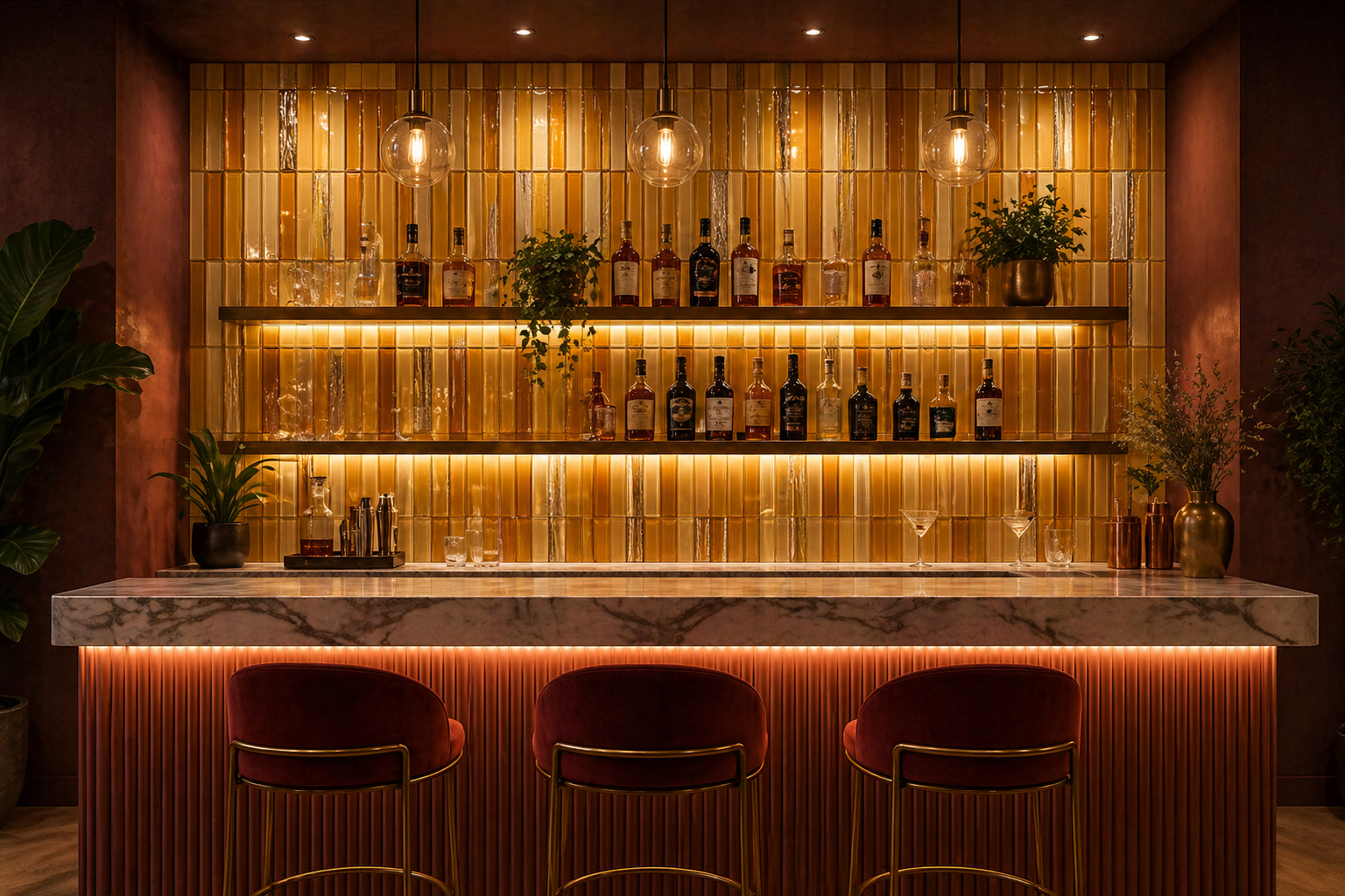 Modern bar with wooden shelves, bottles, and a counter with chairs.