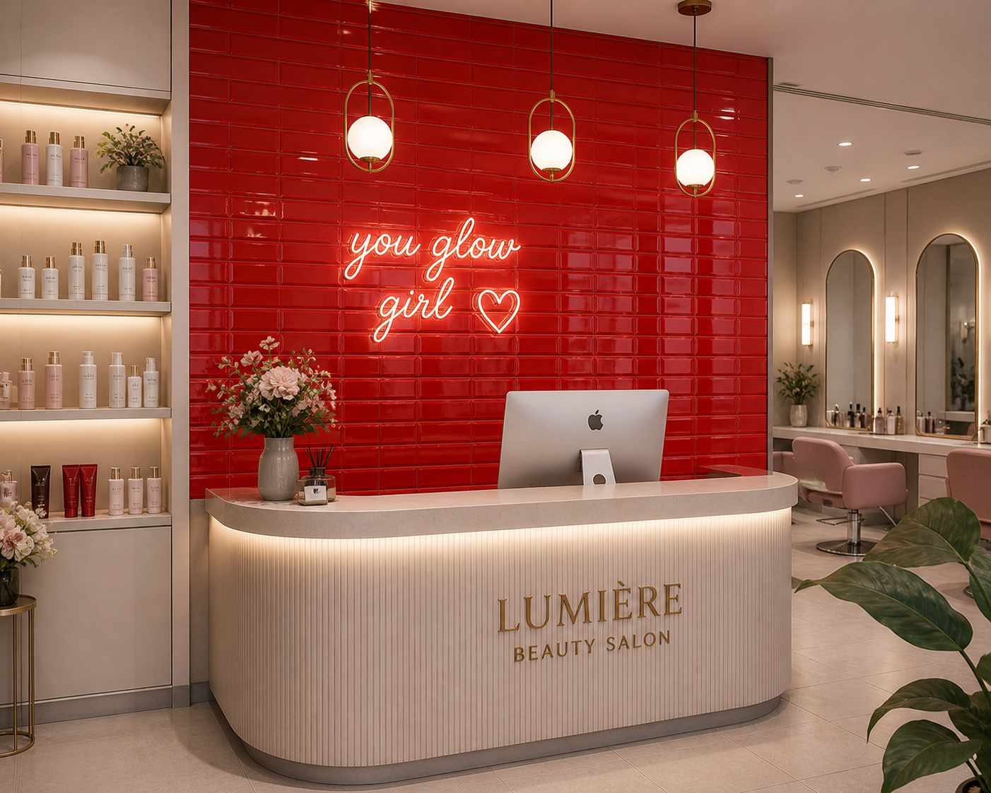 Beauty salon interior with a red tiled wall, neon sign, and reception desk.