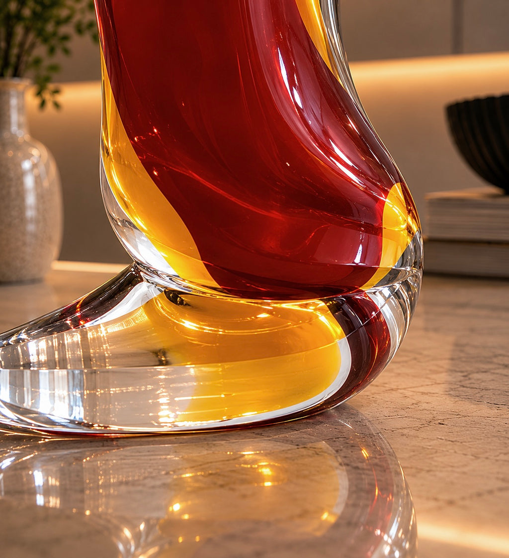 Glass decanter with red and yellow liquid on a wooden surface