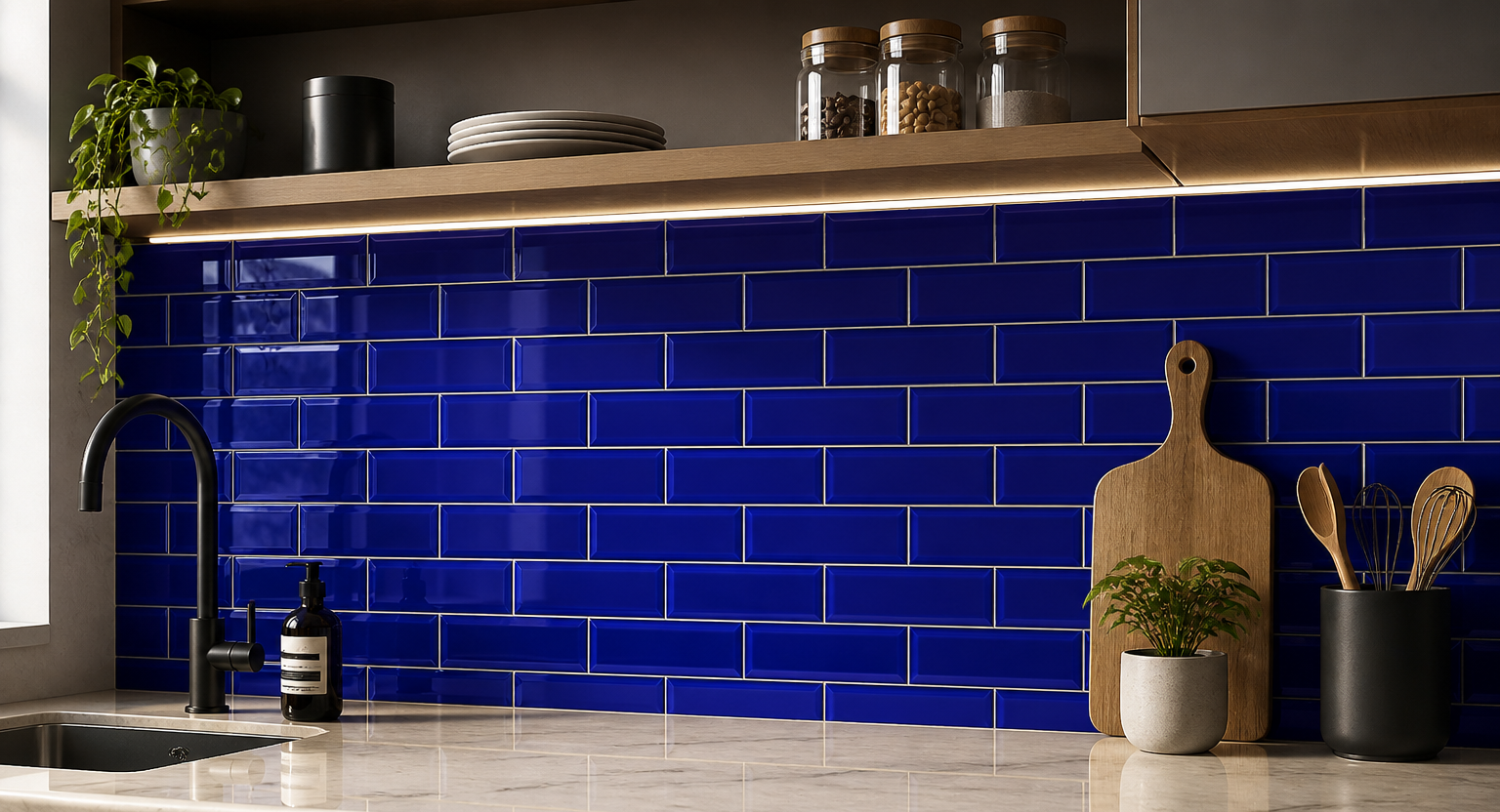 Kitchen with blue tiled wall and wooden cutting boards.