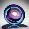 Optical Glass Disc Sculpture – Cobalt Blue, Violet & Pink Swirl Sommerso Art Piece