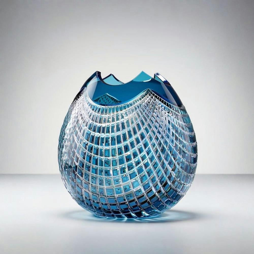 Blue glass vase with mosaic pattern on a gray background
