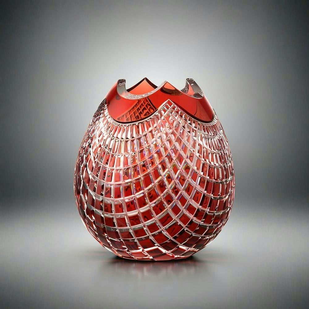 Red glass vase with a textured surface on a gray background