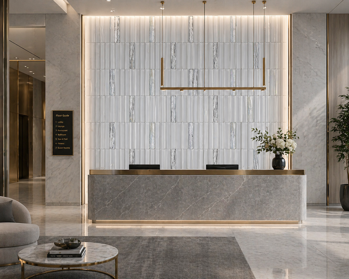 Crystal white iridescent glass mosaic strip tiles with polished and crinkled silver mirror finish — elegant wall cladding for luxury hotel lobbies and entrance feature walls