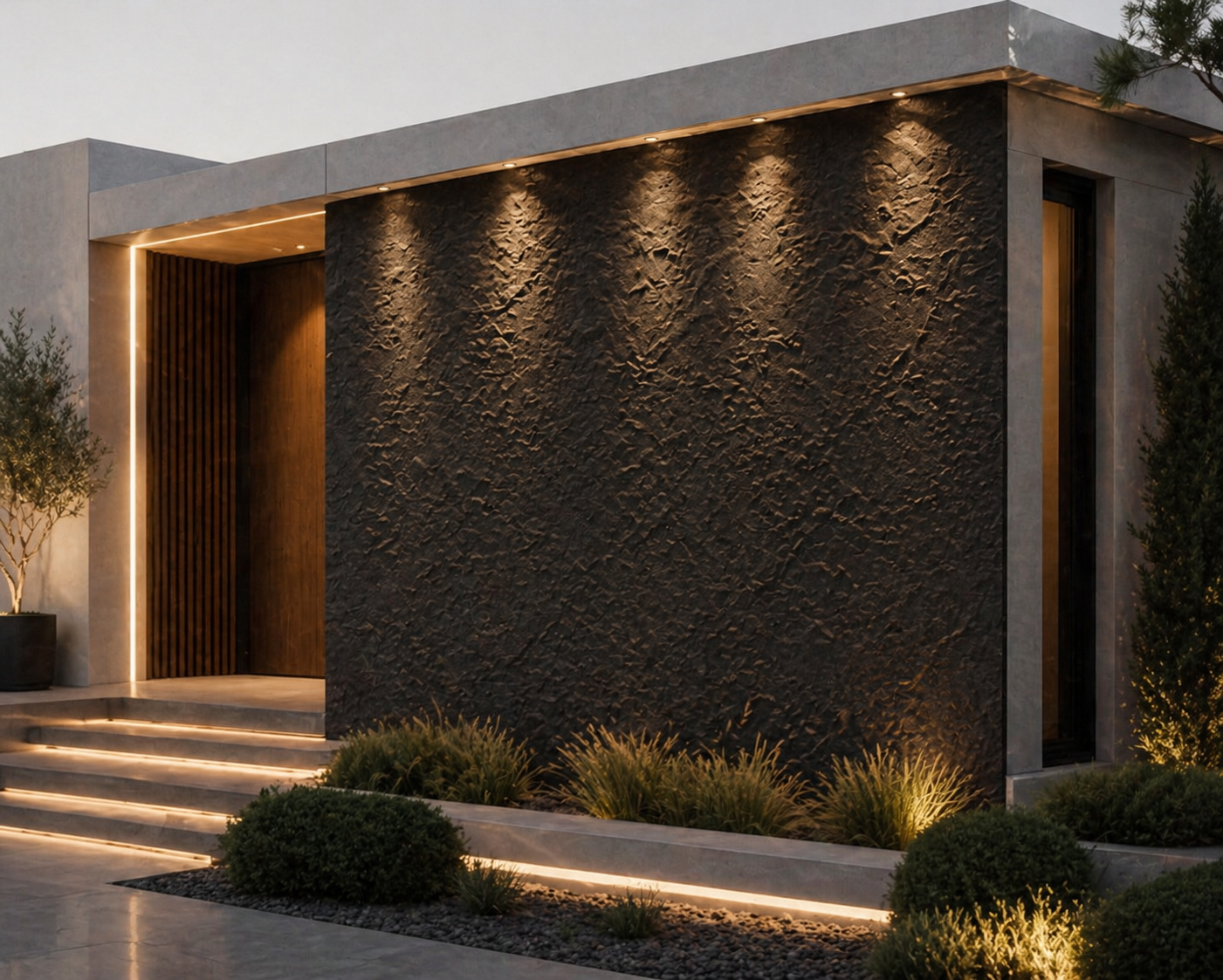 Modern architectural design with textured wall and illuminated entrance