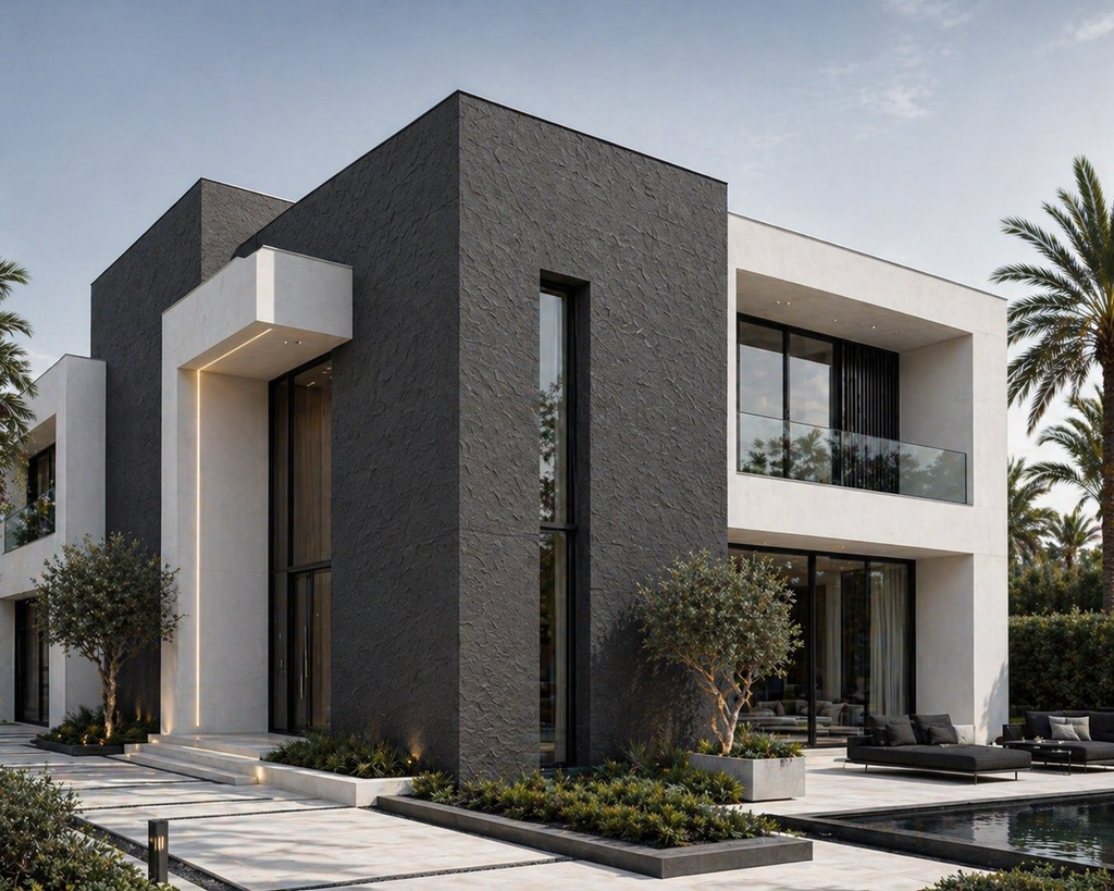 Modern architectural house with black and white design, surrounded by palm trees.