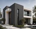 Modern architectural house with black and white design, surrounded by palm trees.