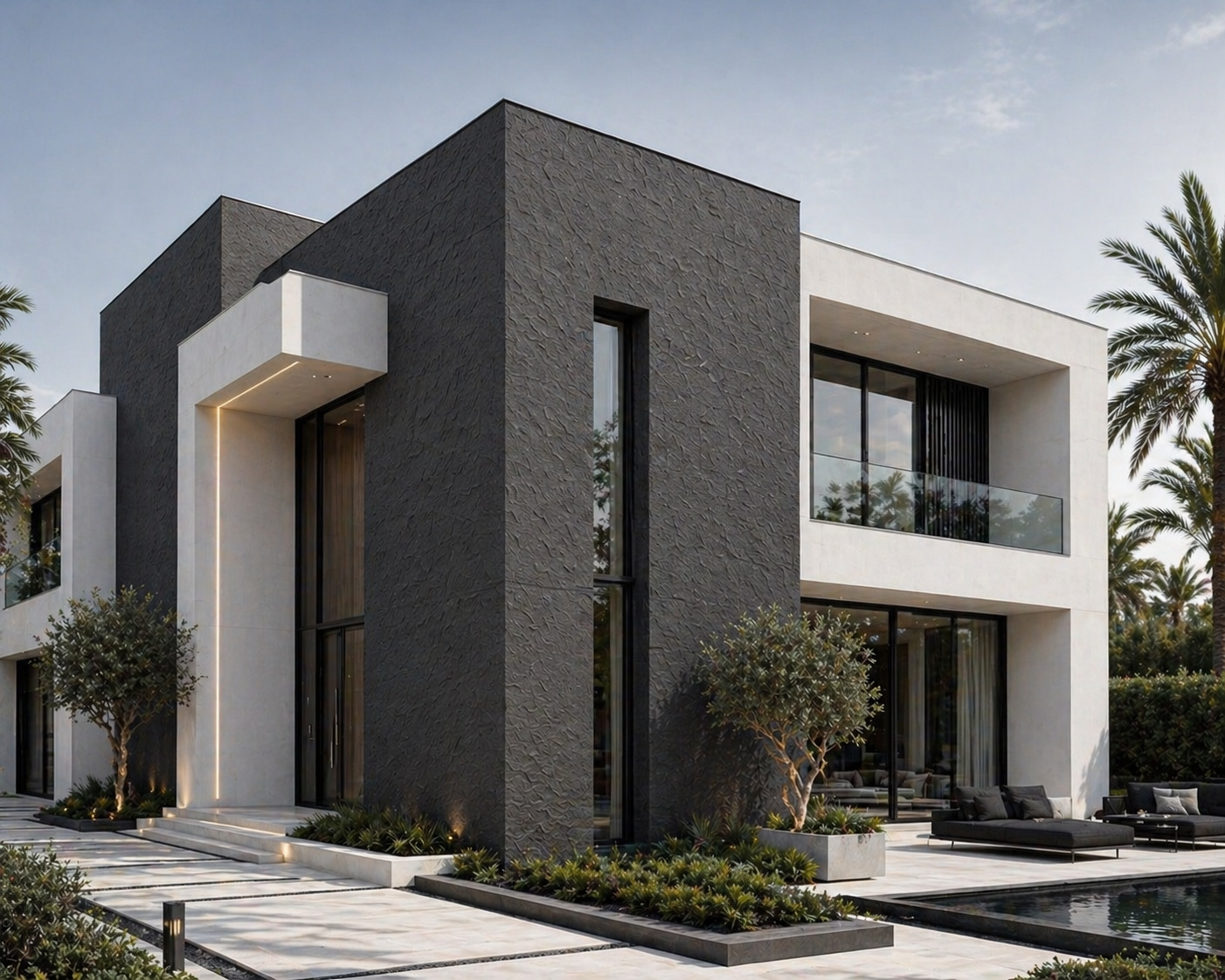 Modern architectural house with black and white design, surrounded by palm trees.