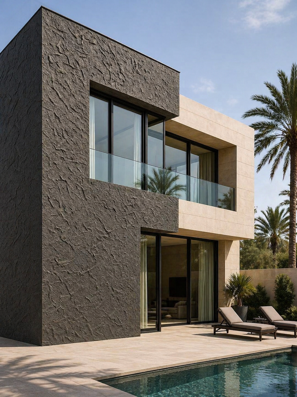 Modern house with stone facade and pool area, palm trees in the background