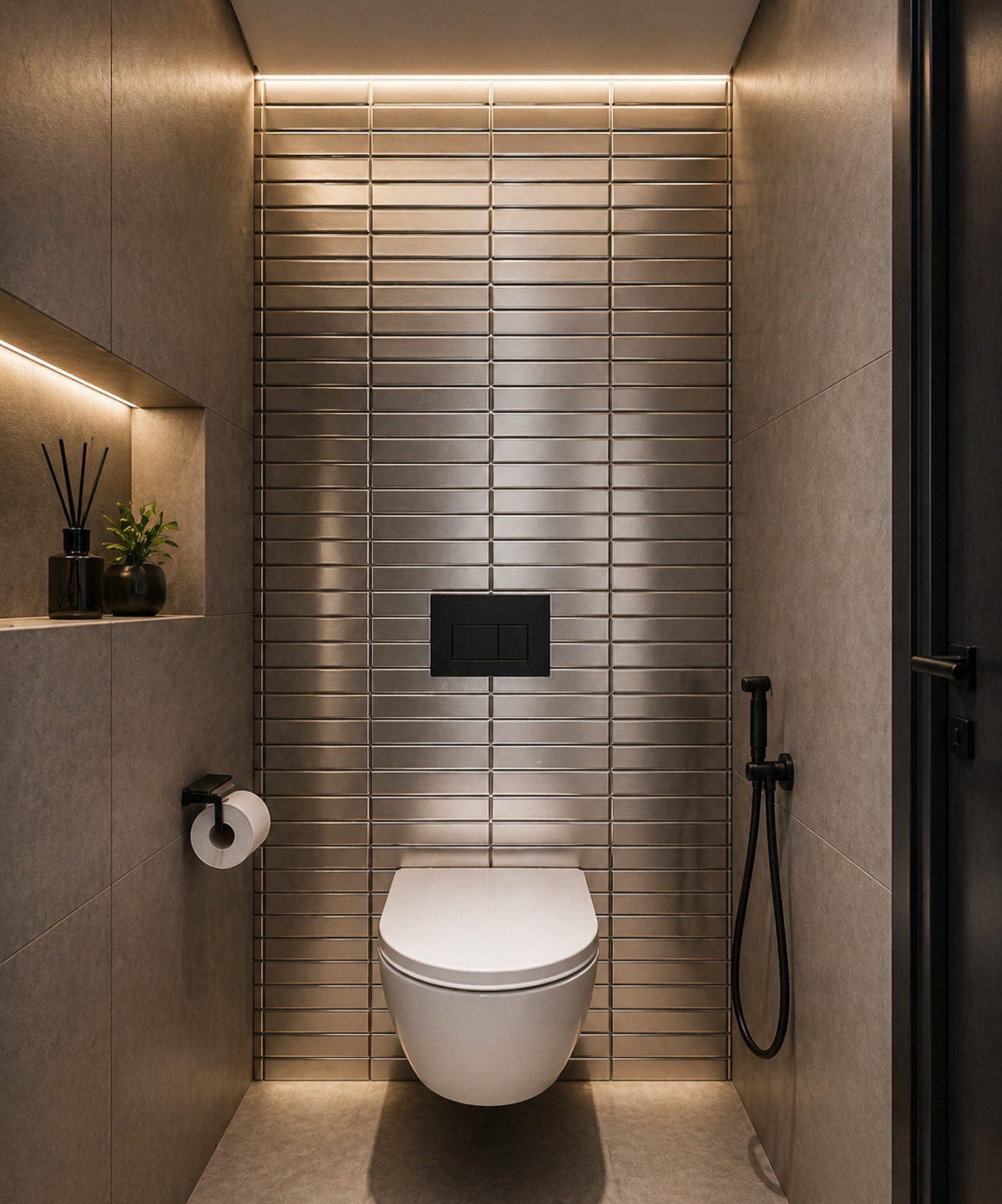 Modern bathroom with a wall-mounted toilet and tiled wall.