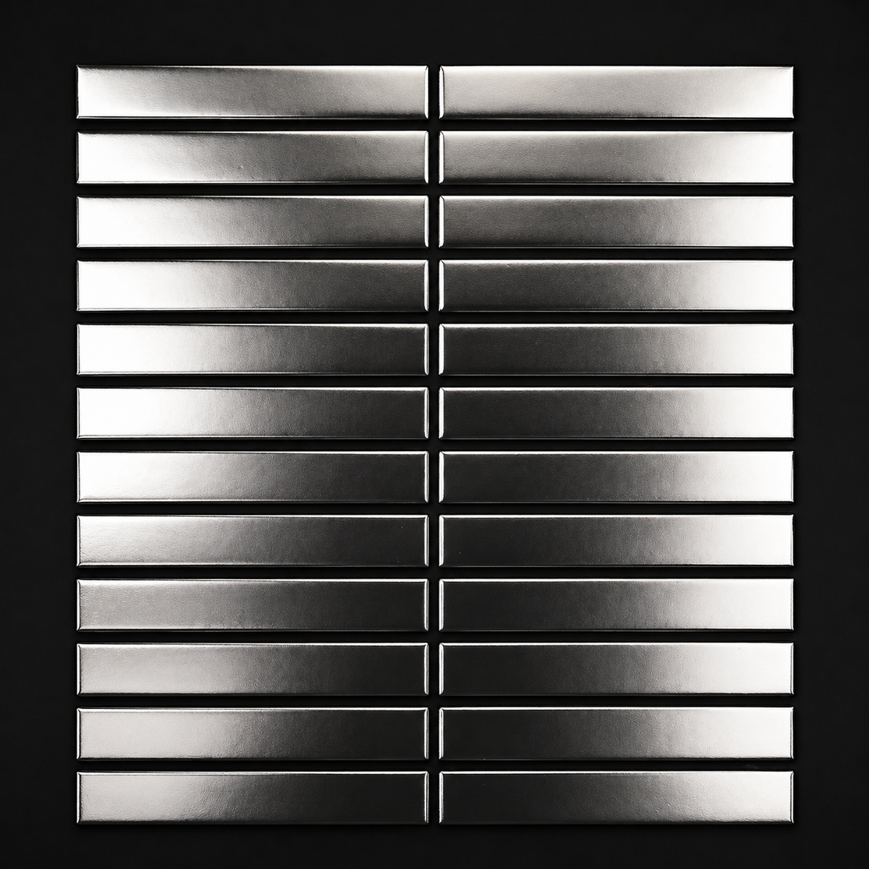 Metallic rectangular tiles arranged in a grid pattern on a black background