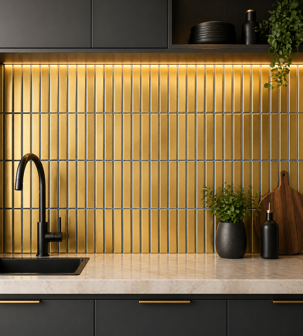 Modern kitchen with black faucet, gold tiles, and decorative elements.