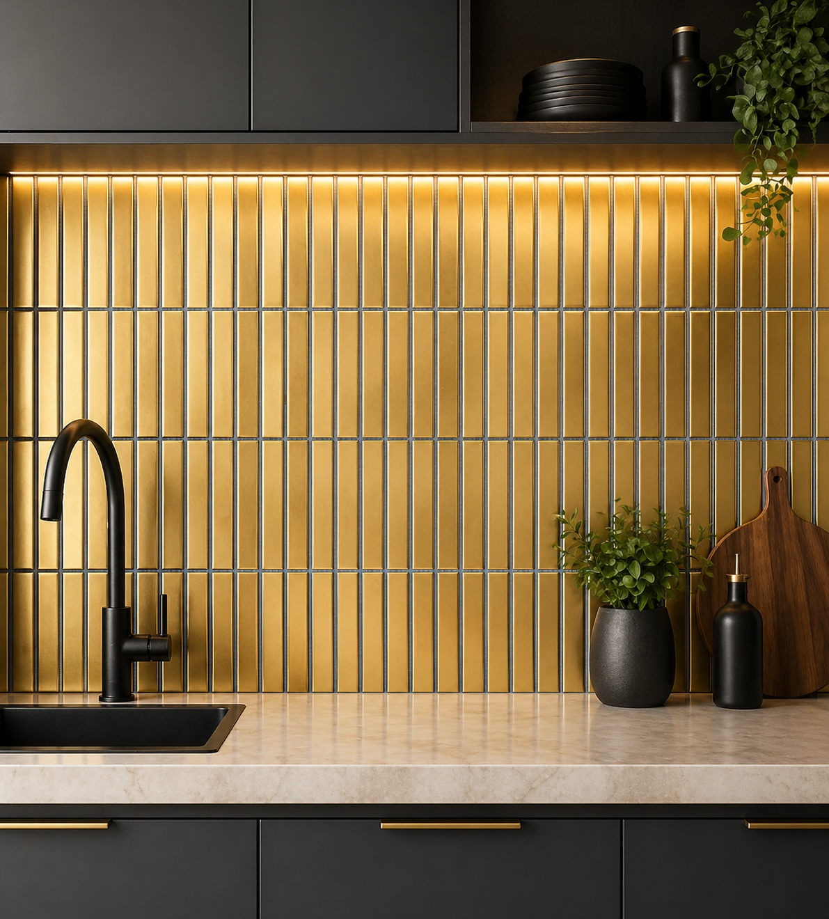 Modern kitchen with black faucet, gold tiles, and decorative elements.