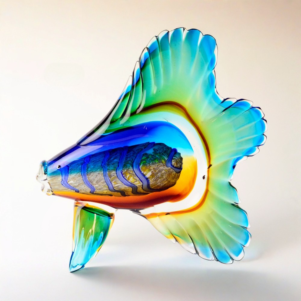 Colorful glass fish sculpture on a light background