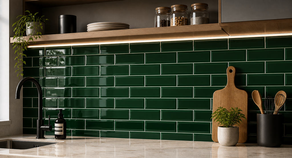 Kitchen with green tiled backsplash, wooden cutting board, and potted plants.