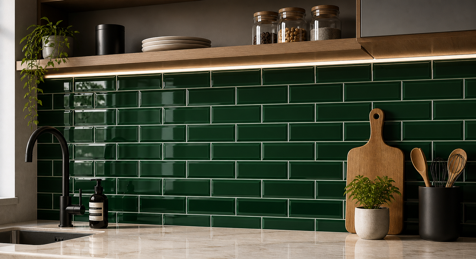 Kitchen with green tiled backsplash, wooden cutting board, and potted plants.