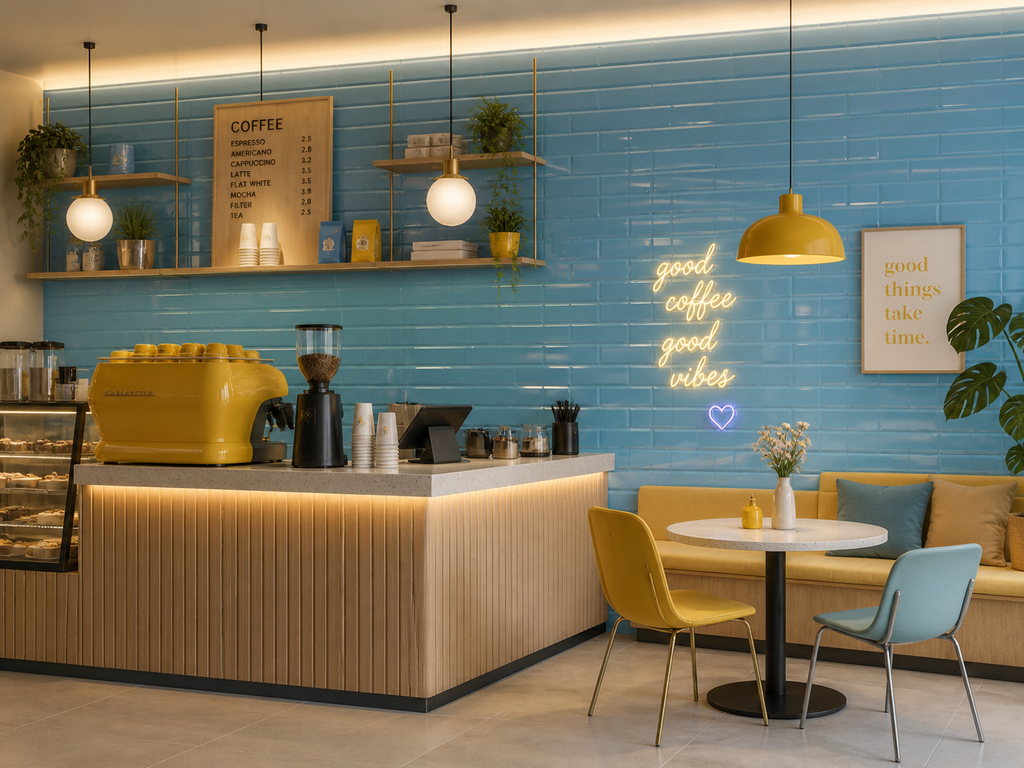 Modern coffee shop interior with blue tiled wall, yellow coffee machine, and seating area.