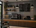 Modern coffee shop interior with counter, appliances, and menu boards.