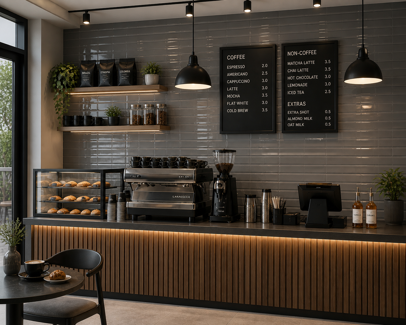 Modern coffee shop interior with counter, appliances, and menu boards.