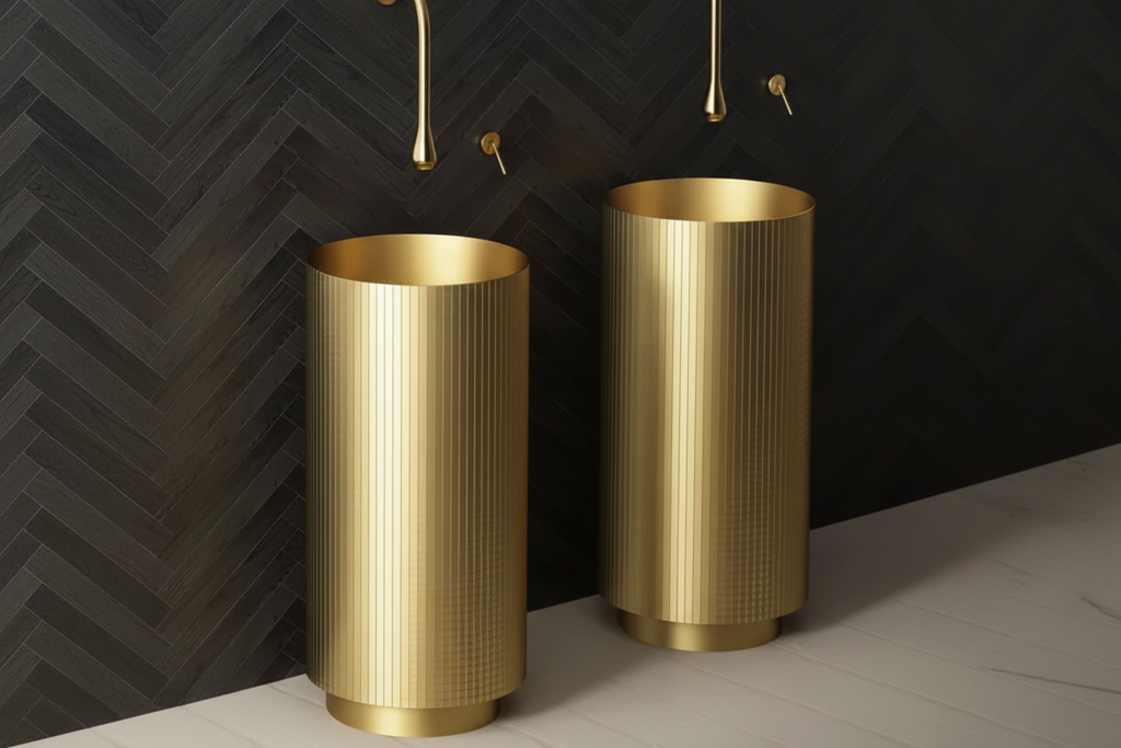 Two gold cylindrical vases against a dark chevron-patterned wall.