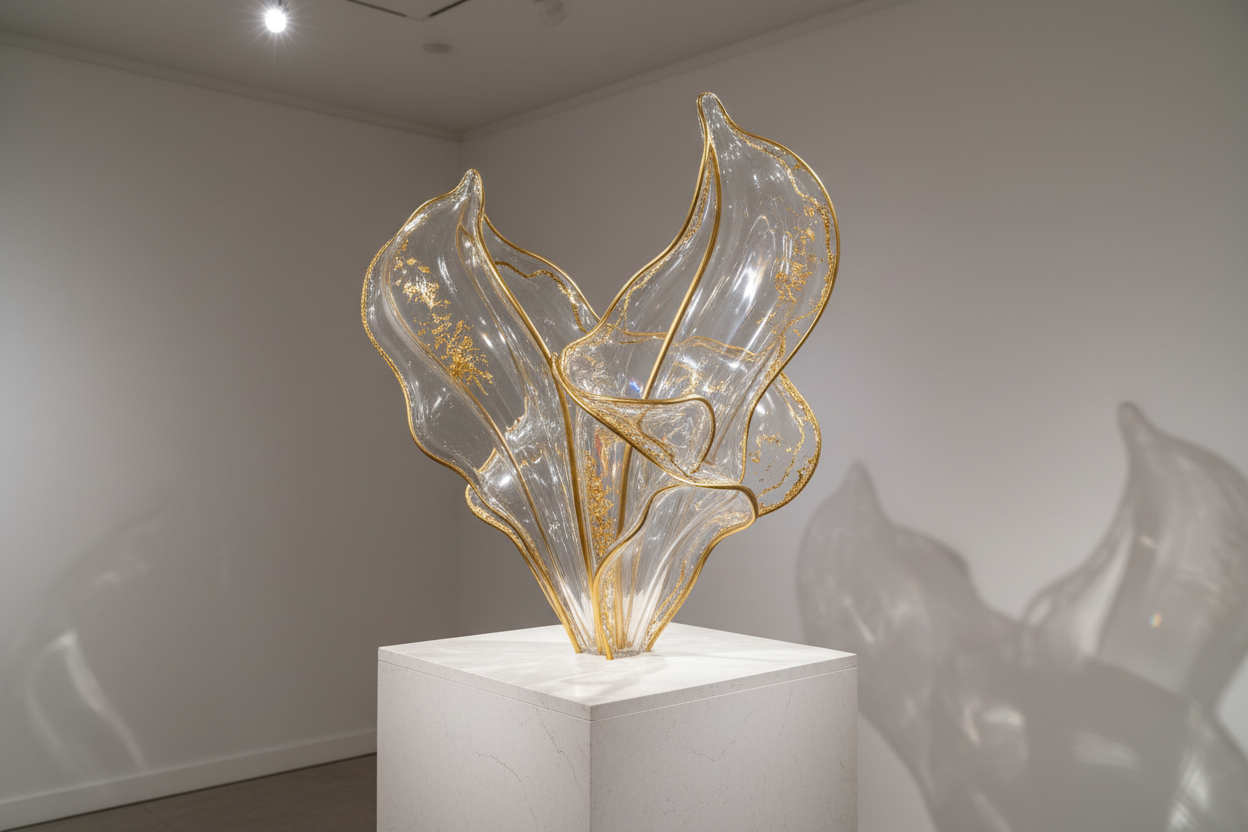 Gold transparent Glass sculpture on a pedestal in an art gallery setting