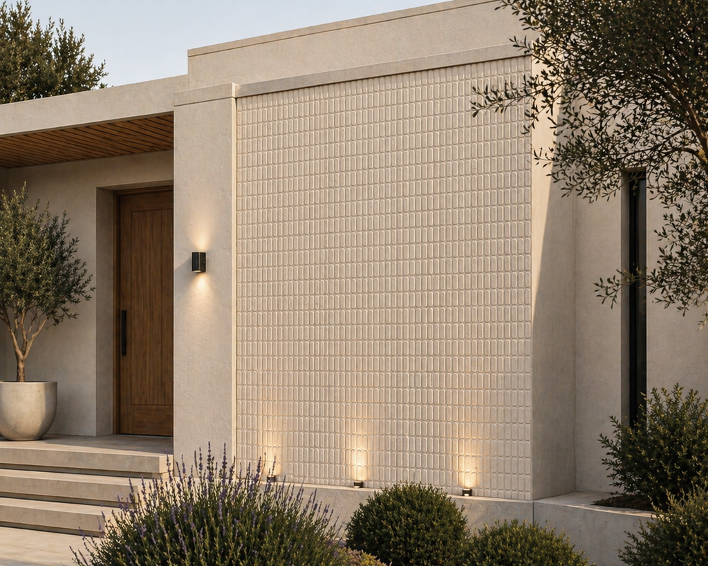 Modern house exterior with tiled wall and wooden door