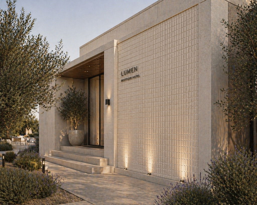 Modern building facade with 'Lumen' branding, surrounded by trees and plants.
