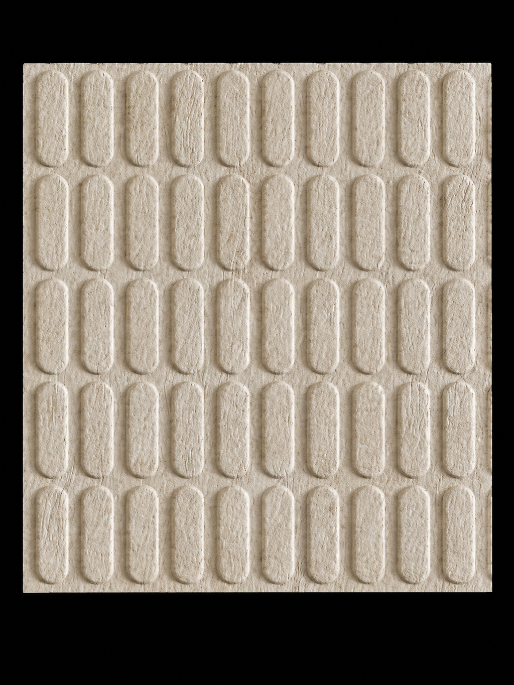 Textured beige square tile with a grid pattern on a black background