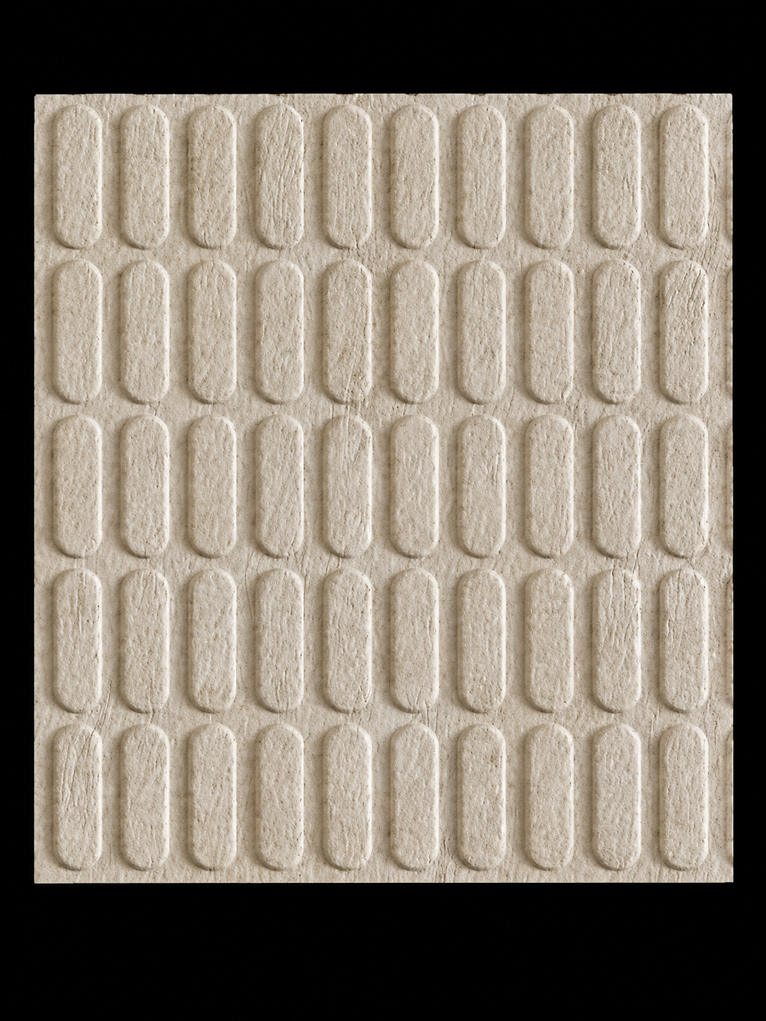 Textured beige square tile with a grid pattern on a black background