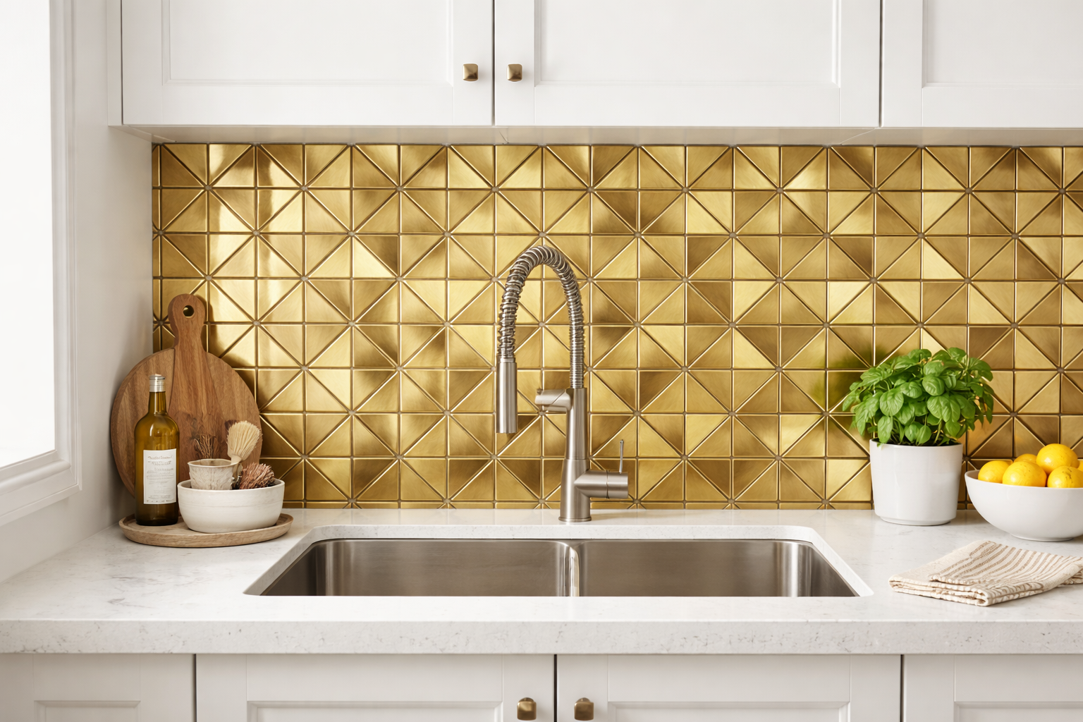 Kitchen with gold geometric backsplash, sink, and various items on countertop.